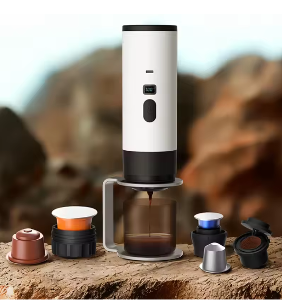 "Portable 3-in-1 Espresso Coffee Maker – Travel, Car & Home Use | Compatible with Capsules & Ground Coffee"